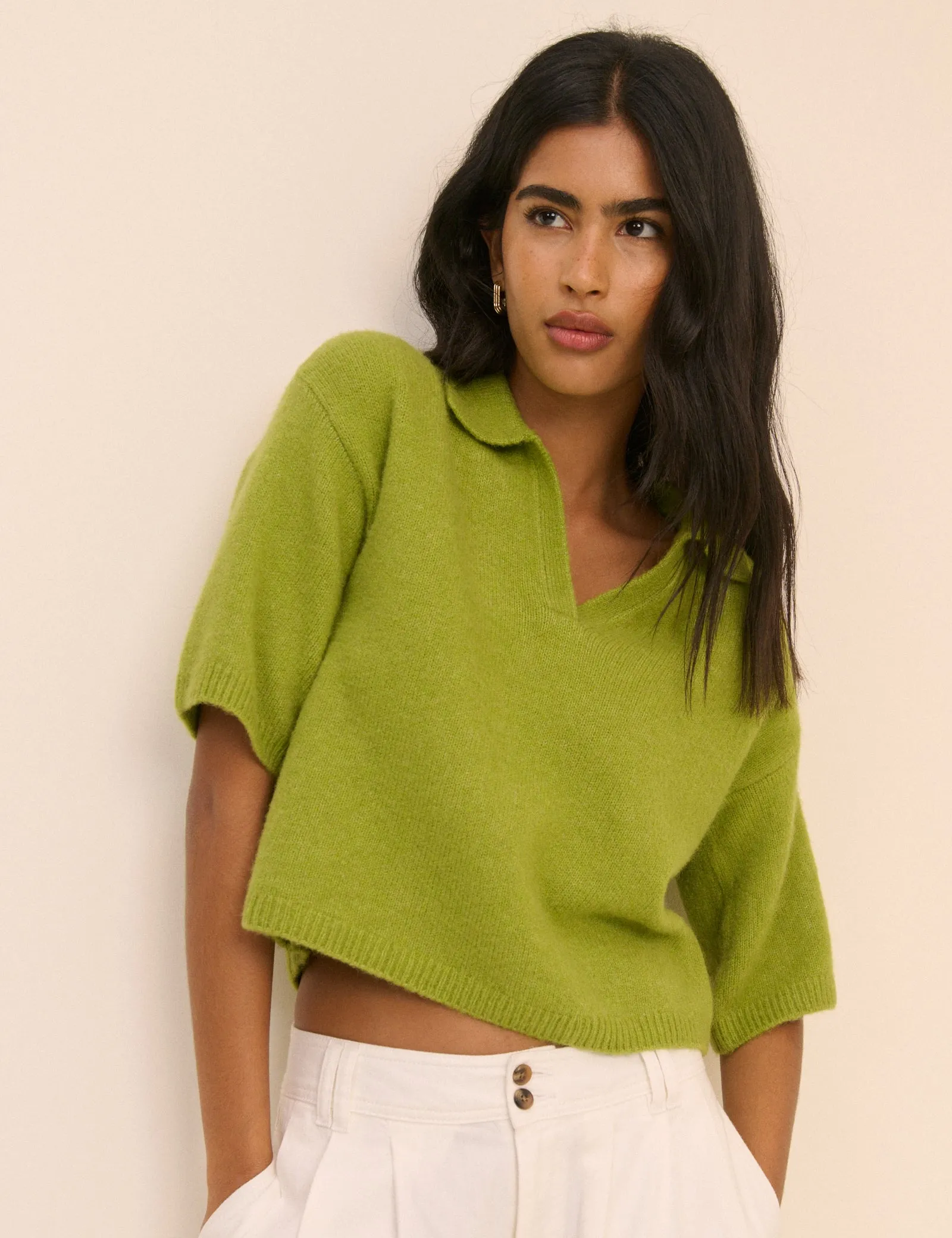 Green Open Collar Polo Knitted Top sold by Nobody's Child