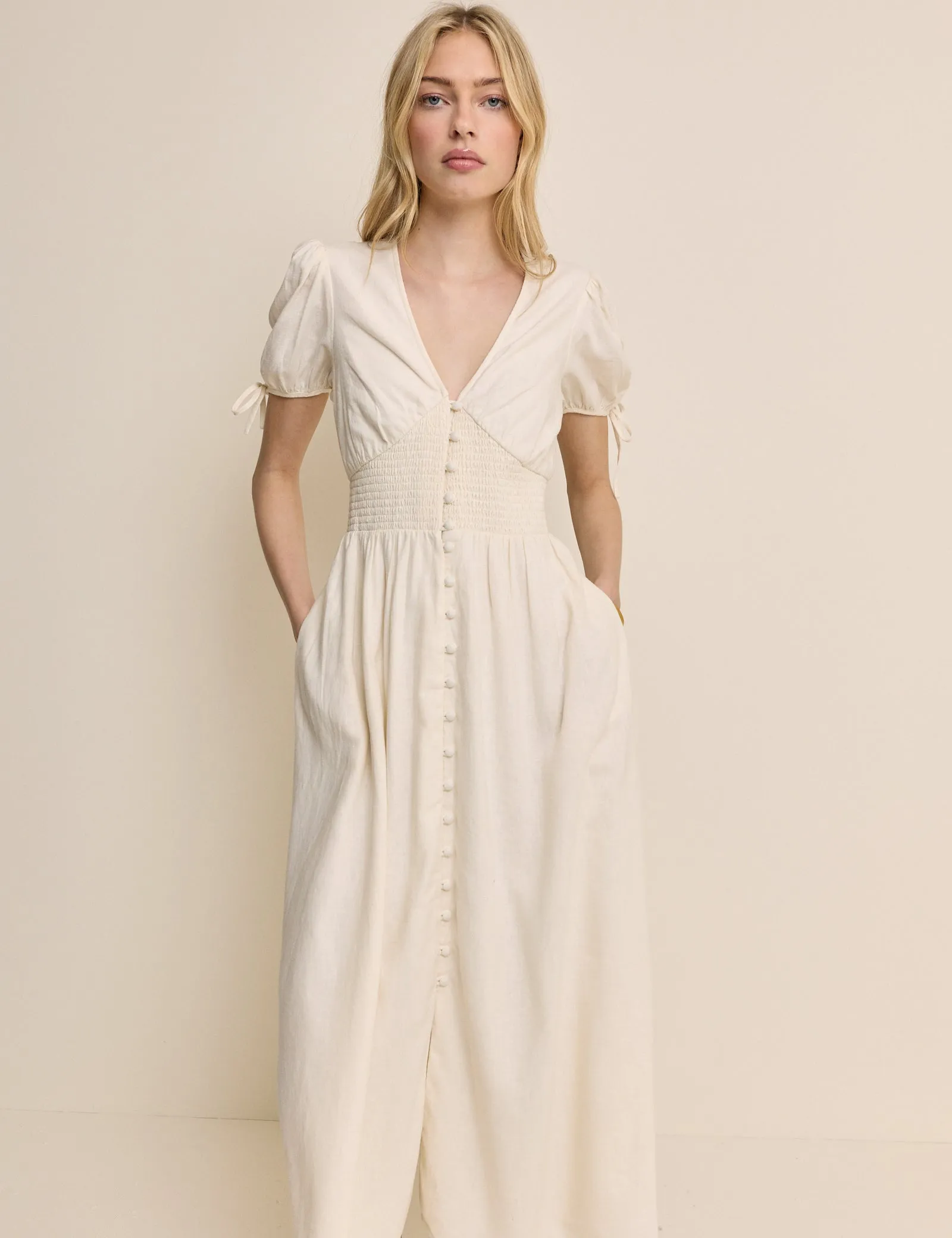 Cream Linen-Blend Button Front Ezra Midi Dress sold by Nobody's Child product image thumbnail 2