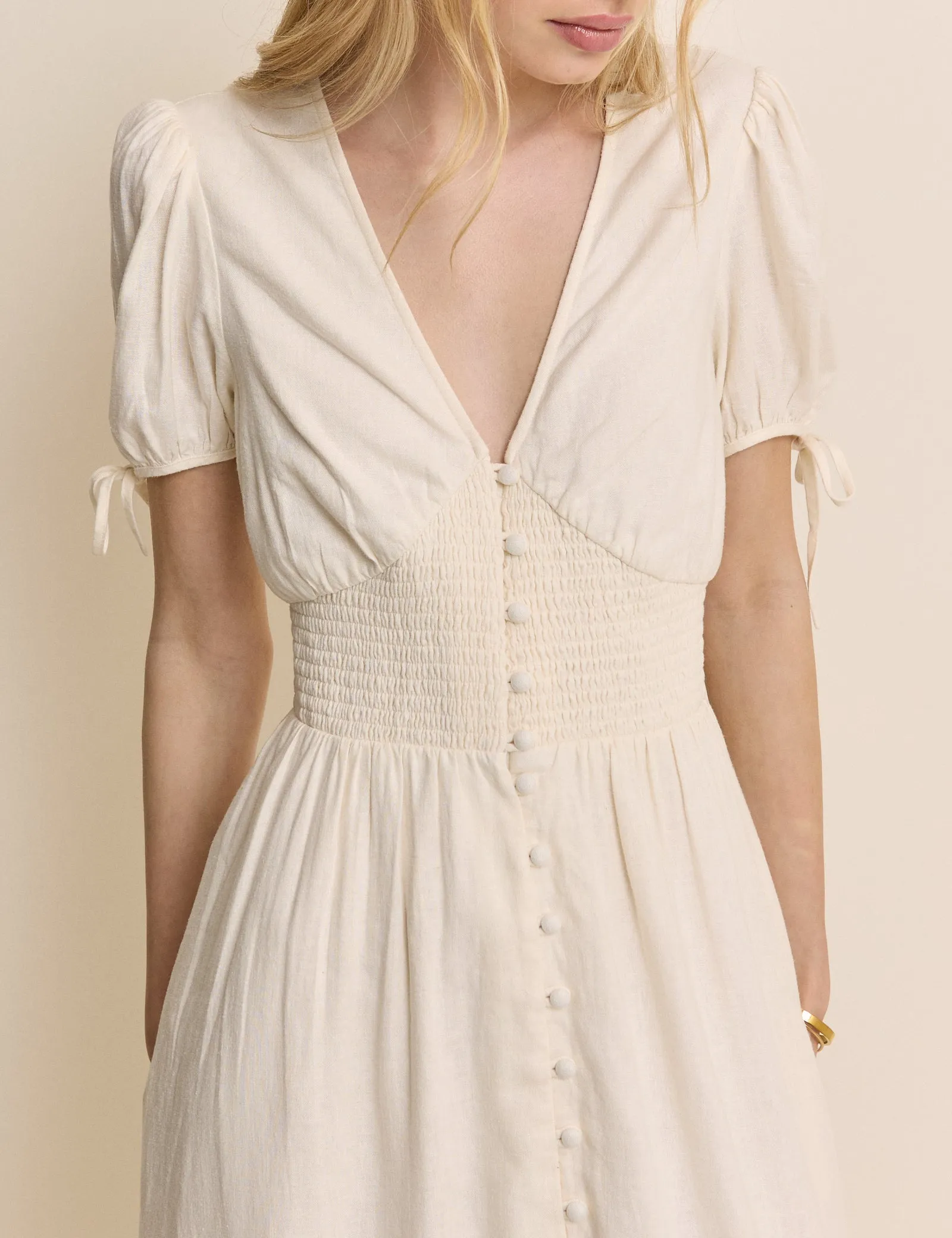 Cream Linen-Blend Button Front Ezra Midi Dress sold by Nobody's Child product image thumbnail 3