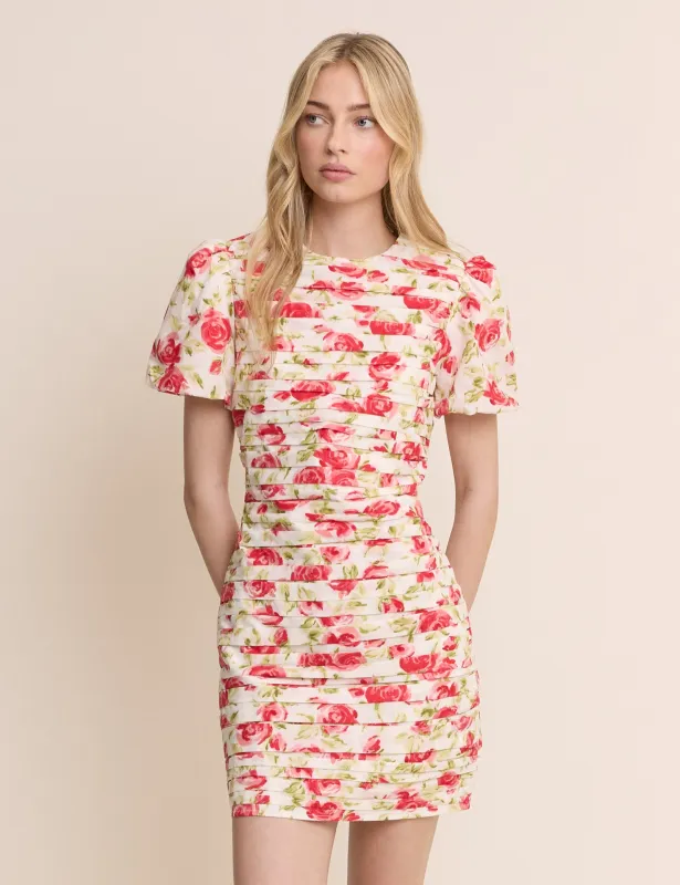 White and Red Floral Pleated Fabienne Mini Dress made by Nobody's Child