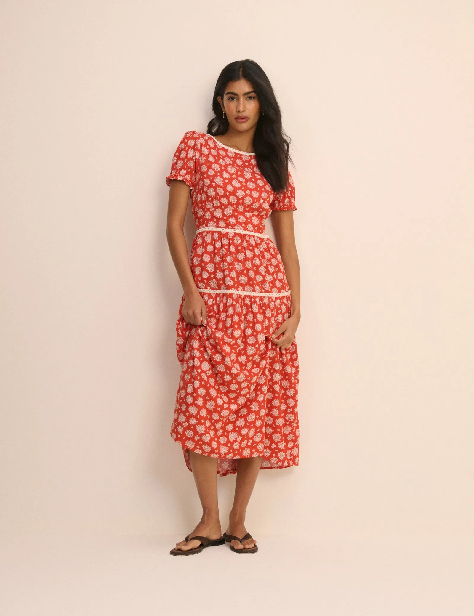 Red Ditsy Floral Tiered Dara Midi Dress sold by Nobody's Child product image thumbnail 2