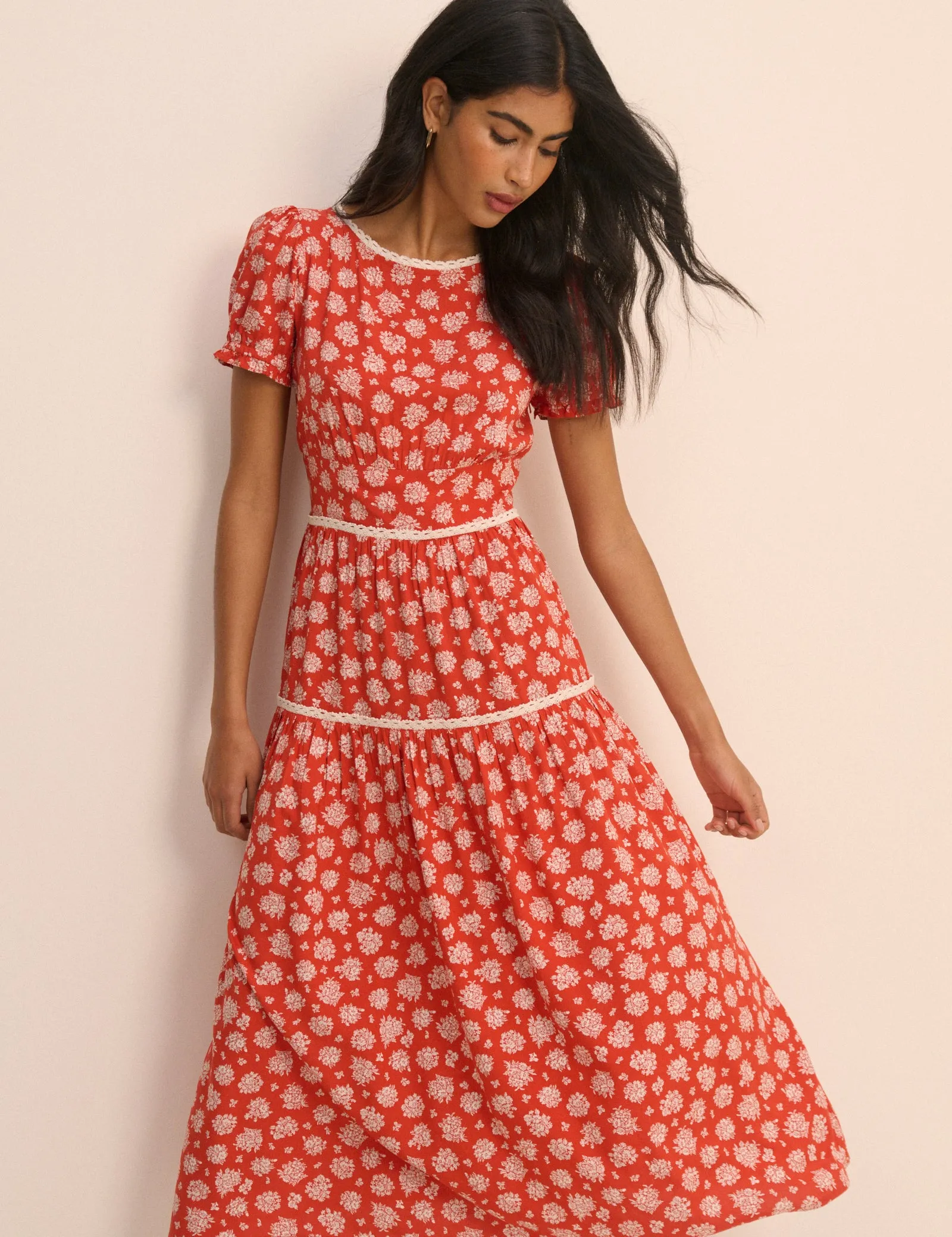 Red Ditsy Floral Tiered Dara Midi Dress sold by Nobody's Child