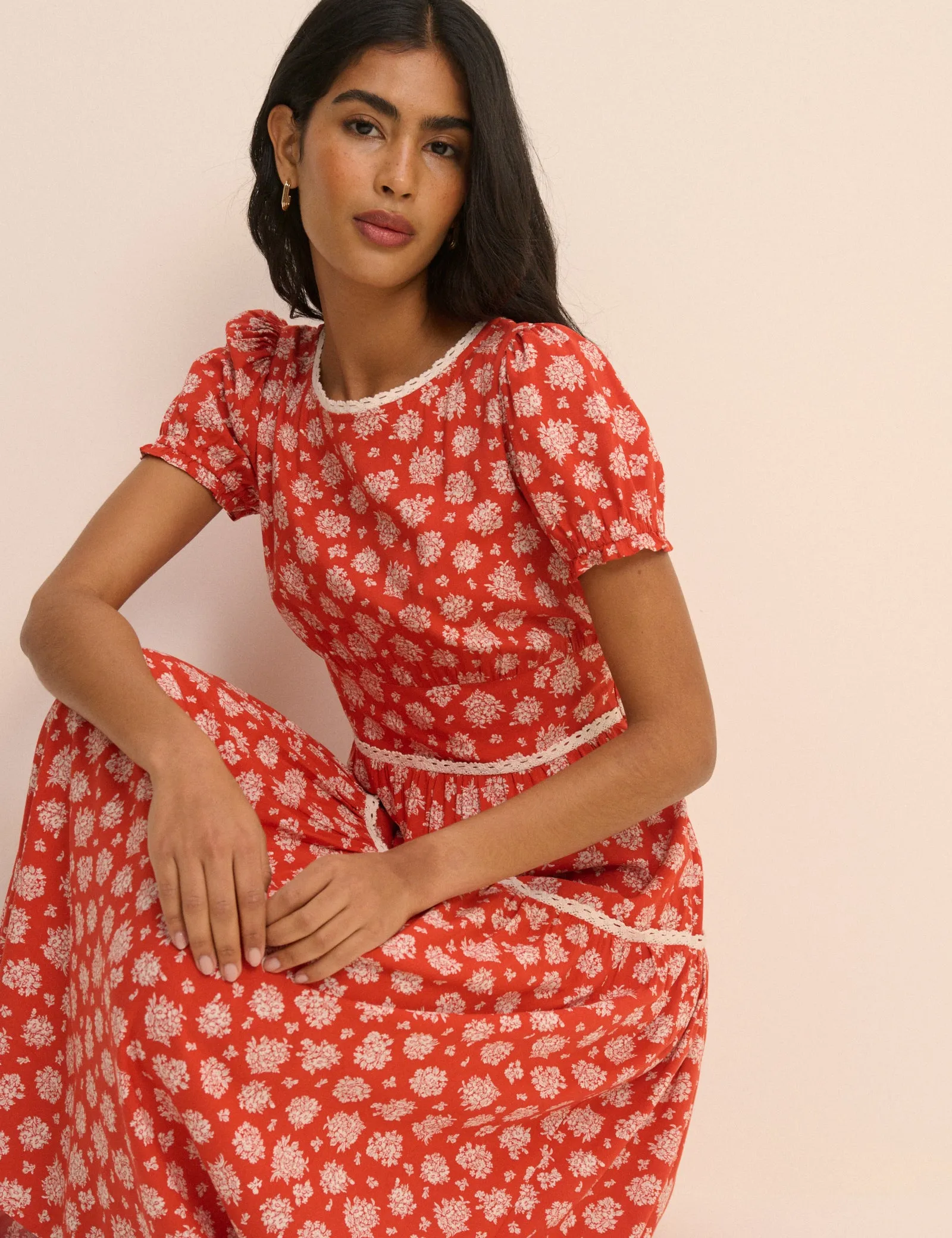 Red Ditsy Floral Tiered Dara Midi Dress sold by Nobody's Child product image thumbnail 5