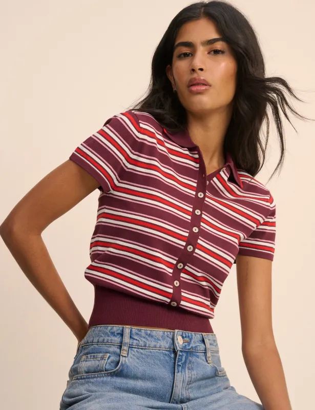 Red and Burgundy Striped Knitted Polo Top made by Nobody's Child