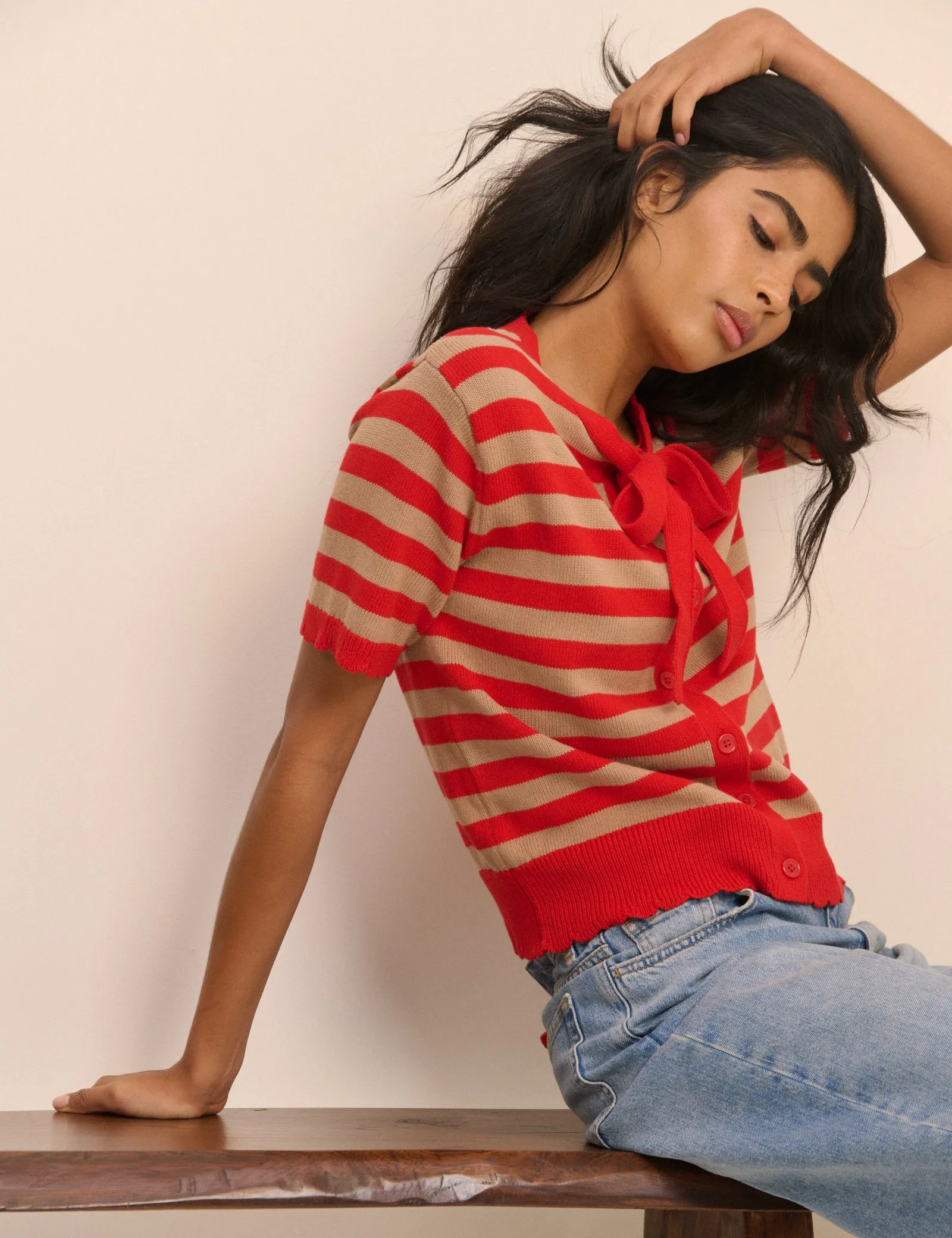 Red Strip Short Sleeve Tie Neck Cardigan sold by Nobody's Child product image thumbnail 2