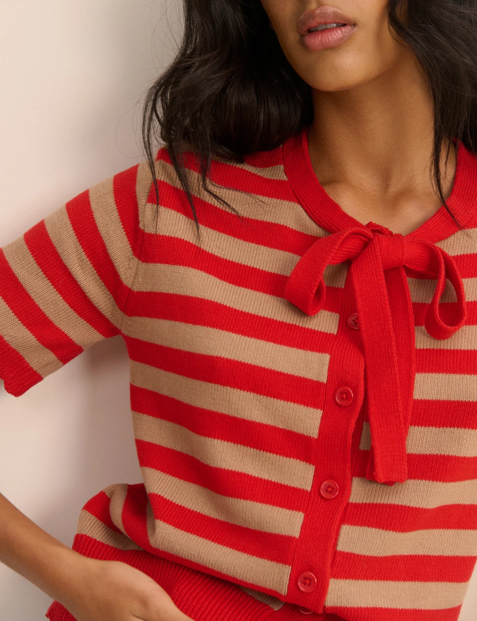 Red Strip Short Sleeve Tie Neck Cardigan sold by Nobody's Child product image thumbnail 3