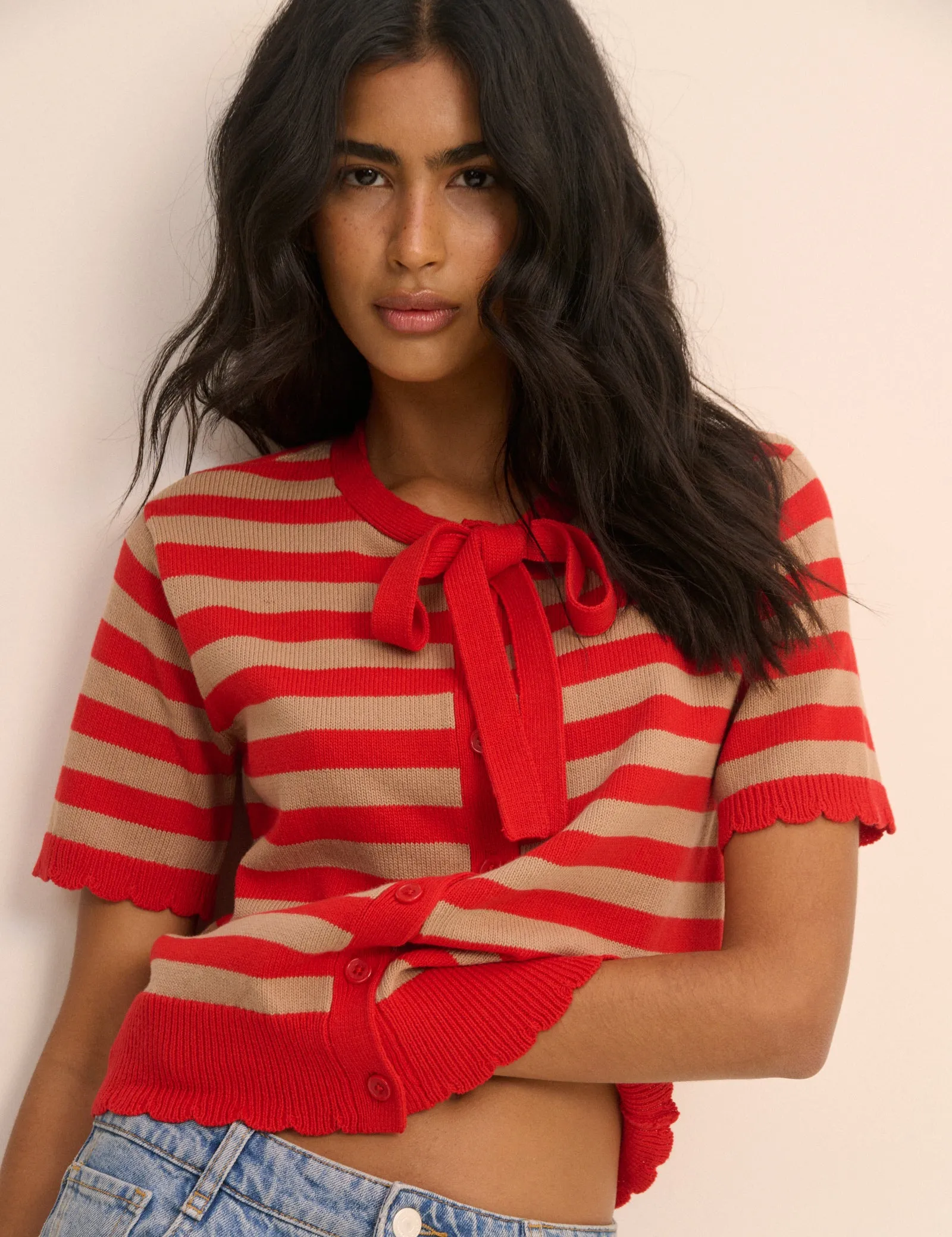 Red Strip Short Sleeve Tie Neck Cardigan sold by Nobody's Child product image thumbnail 4