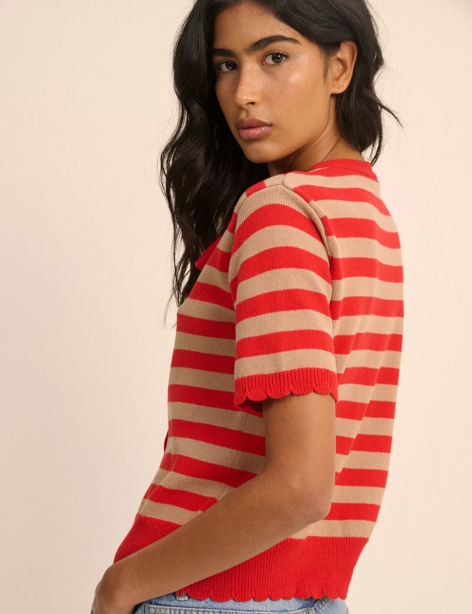 Red Strip Short Sleeve Tie Neck Cardigan sold by Nobody's Child product image thumbnail 5