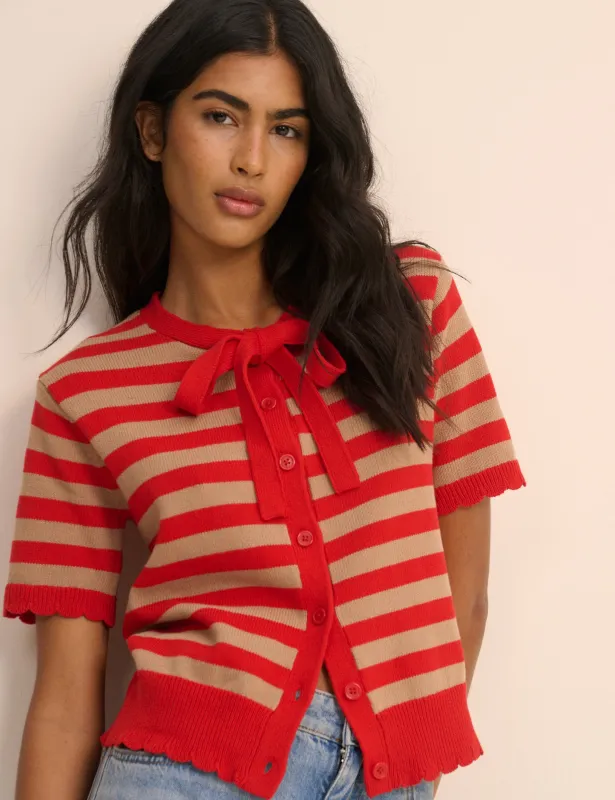 Red Strip Short Sleeve Tie Neck Cardigan made by Nobody's Child