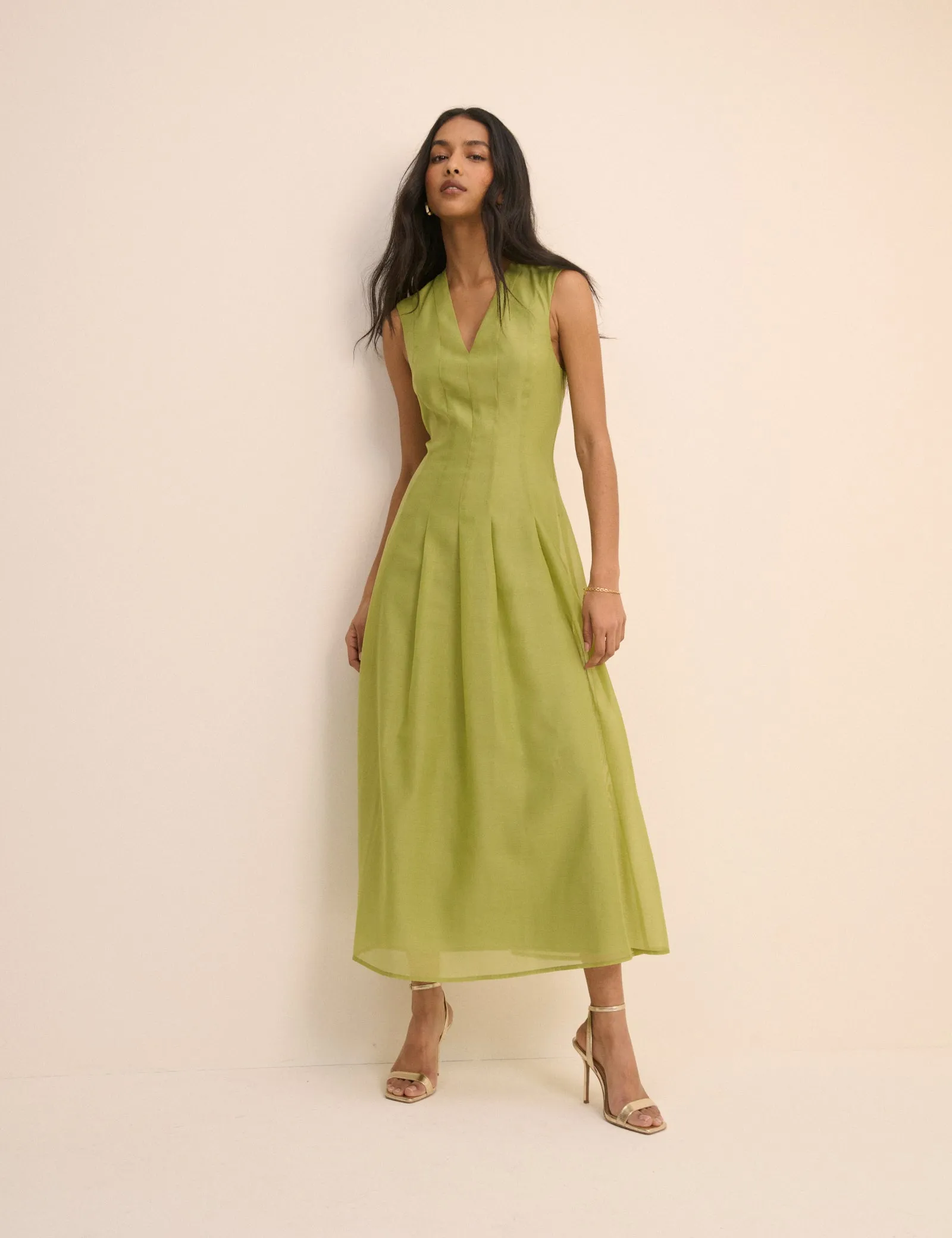 Light Green Pleated V-Neck Ohana Midaxi Dress sold by Nobody's Child