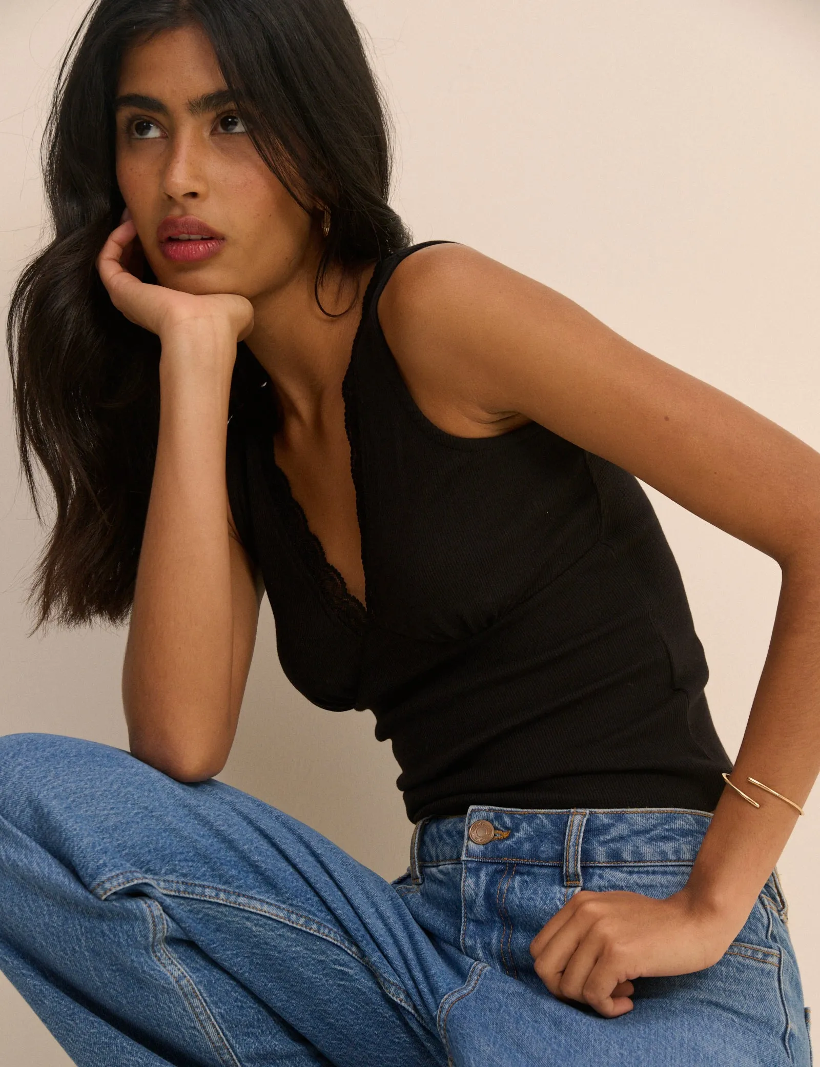 Black Ribbed V-Neck Lace Trim Vest sold by Nobody's Child product image thumbnail 2