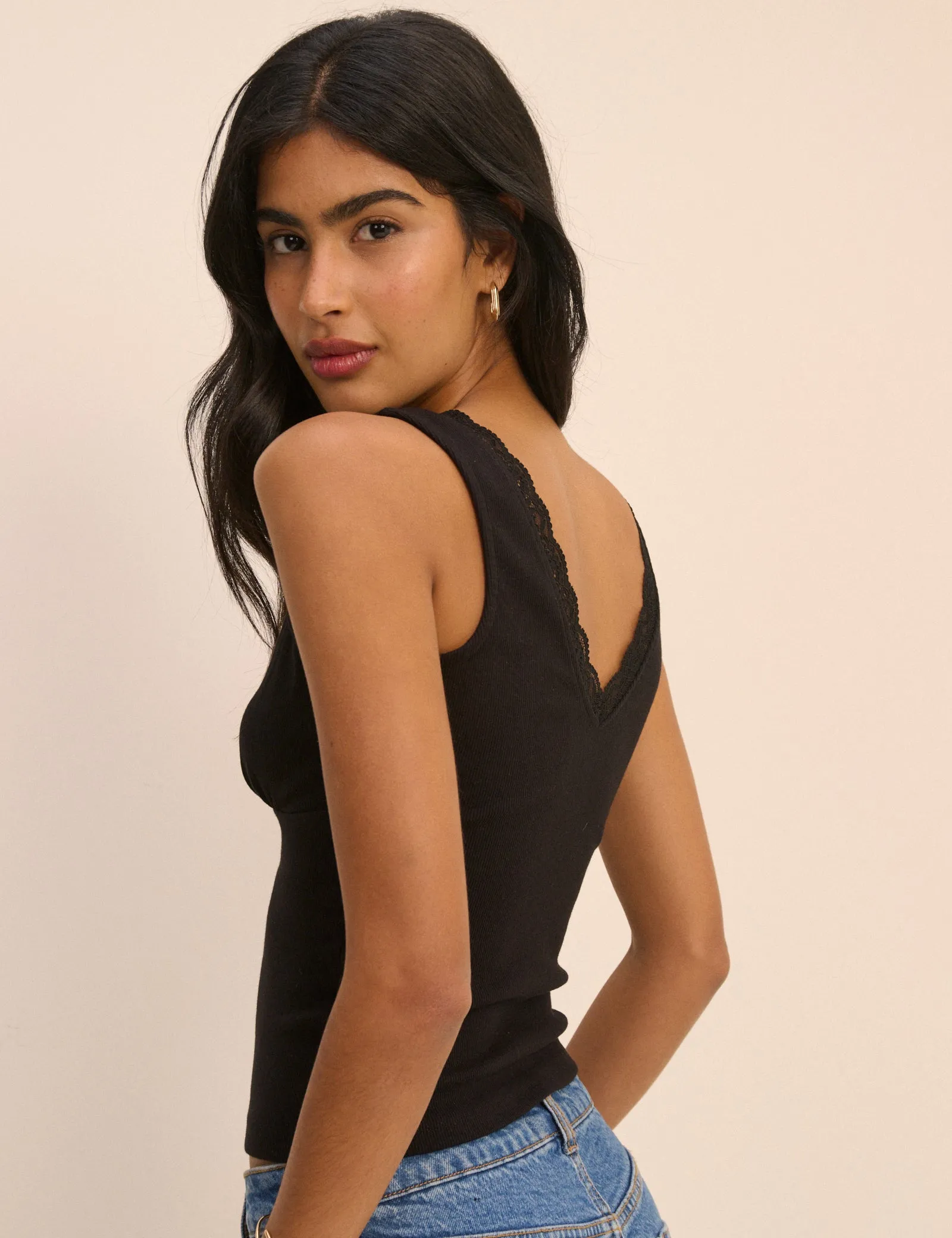 Black Ribbed V-Neck Lace Trim Vest sold by Nobody's Child product image thumbnail 4