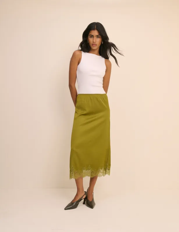 Green Lace Trim Satin Midi Slip Skirt made by Nobody's Child