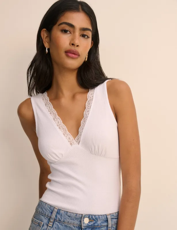 White Ribbed V-Neck Lace Trim Vest made by Nobody's Child