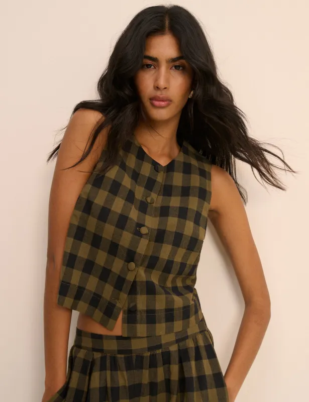 Khaki Green Gingham Button Front Top made by Nobody's Child