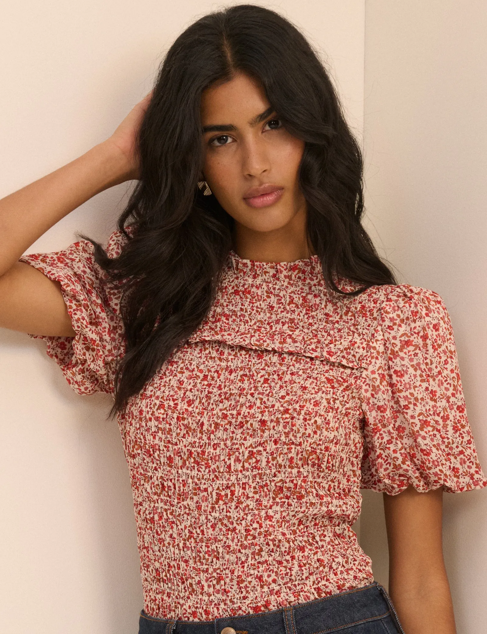 Red Floral Puff Sleeve Shirred Nicola Top sold by Nobody's Child product image thumbnail 4