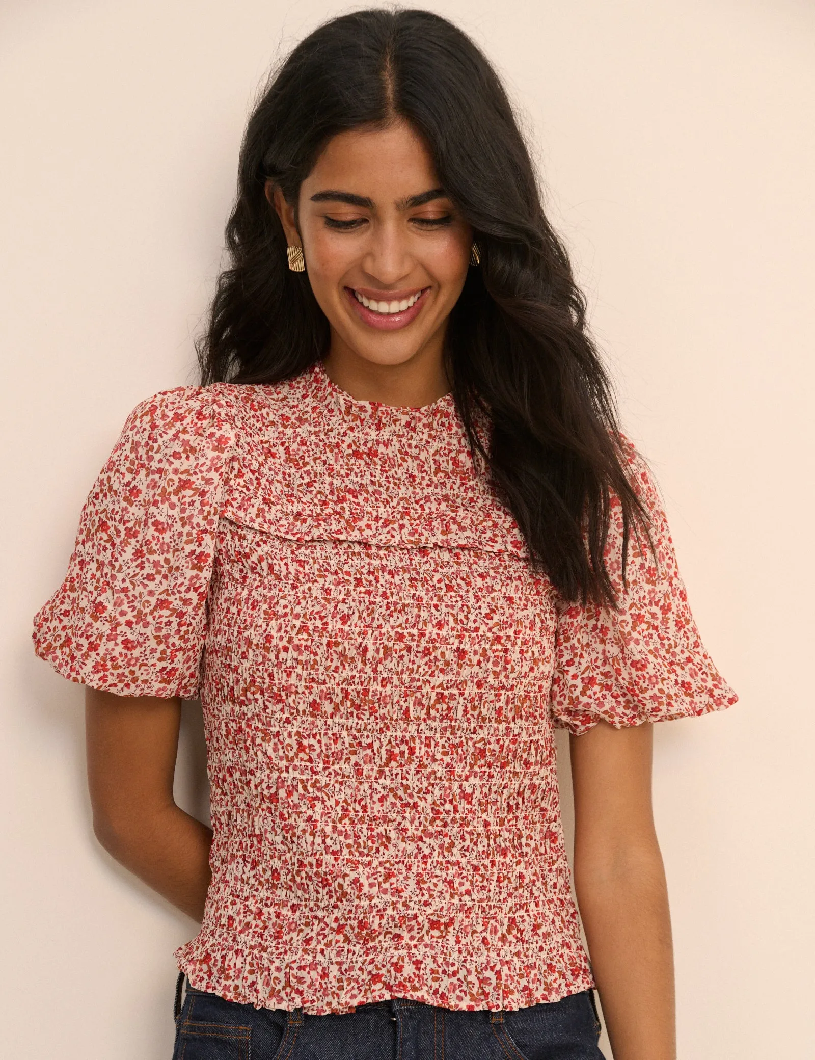 Red Floral Puff Sleeve Shirred Nicola Top sold by Nobody's Child