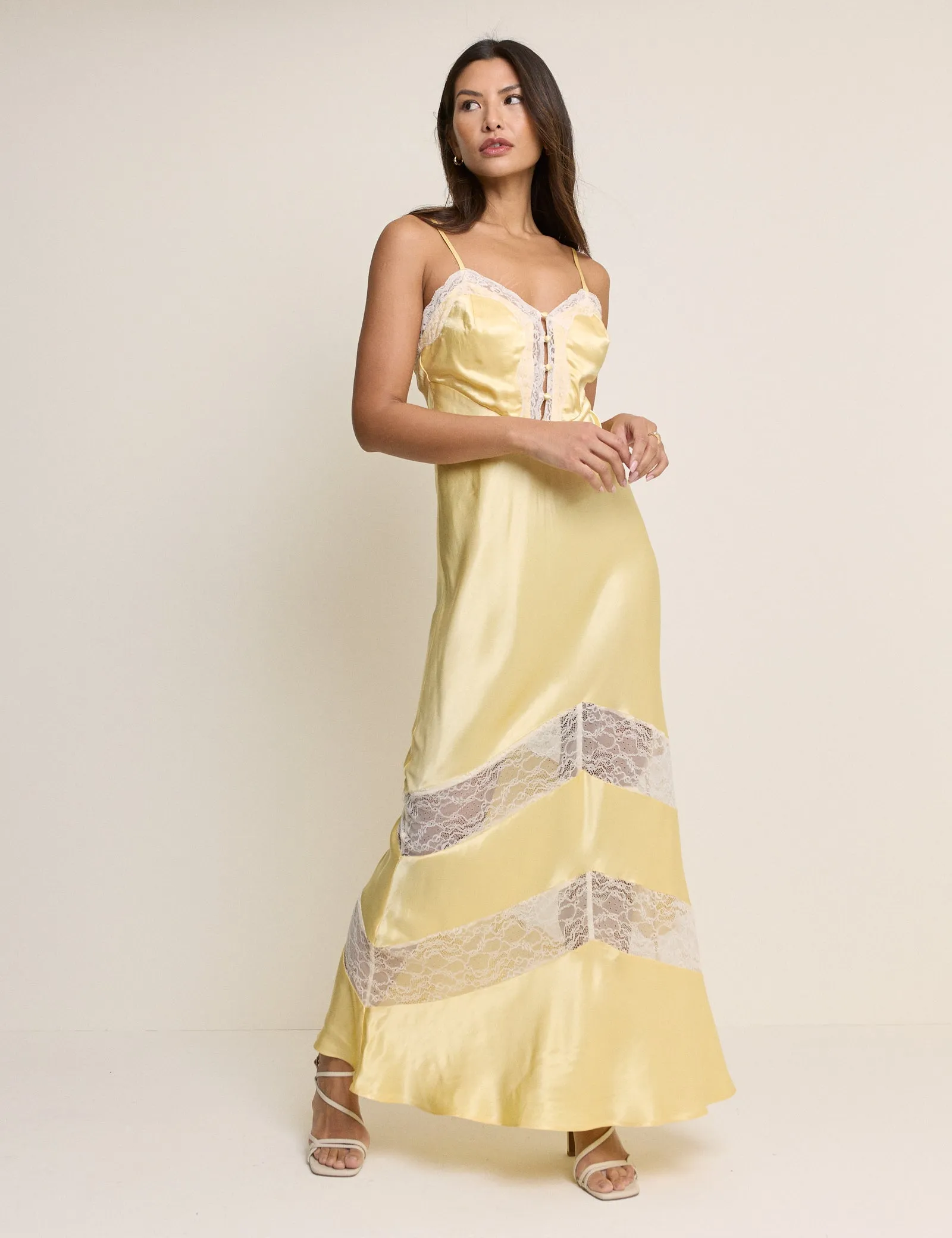 Yellow Lace Trim Satin Lauren Maxi Dress sold by Nobody's Child product image thumbnail 2