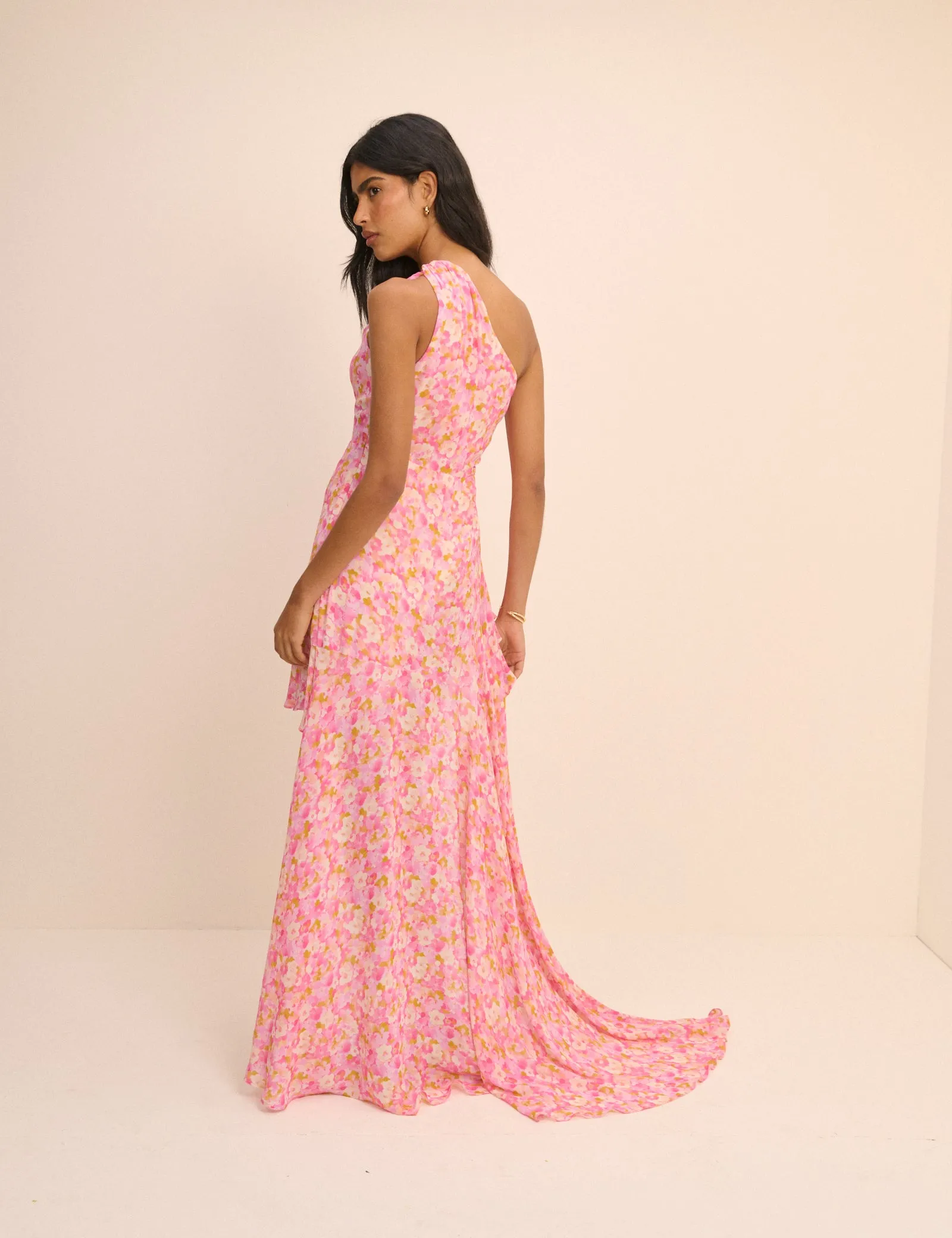 Pink Floral Ruched Edie High-Low Mini Dress sold by Nobody's Child product image thumbnail 5