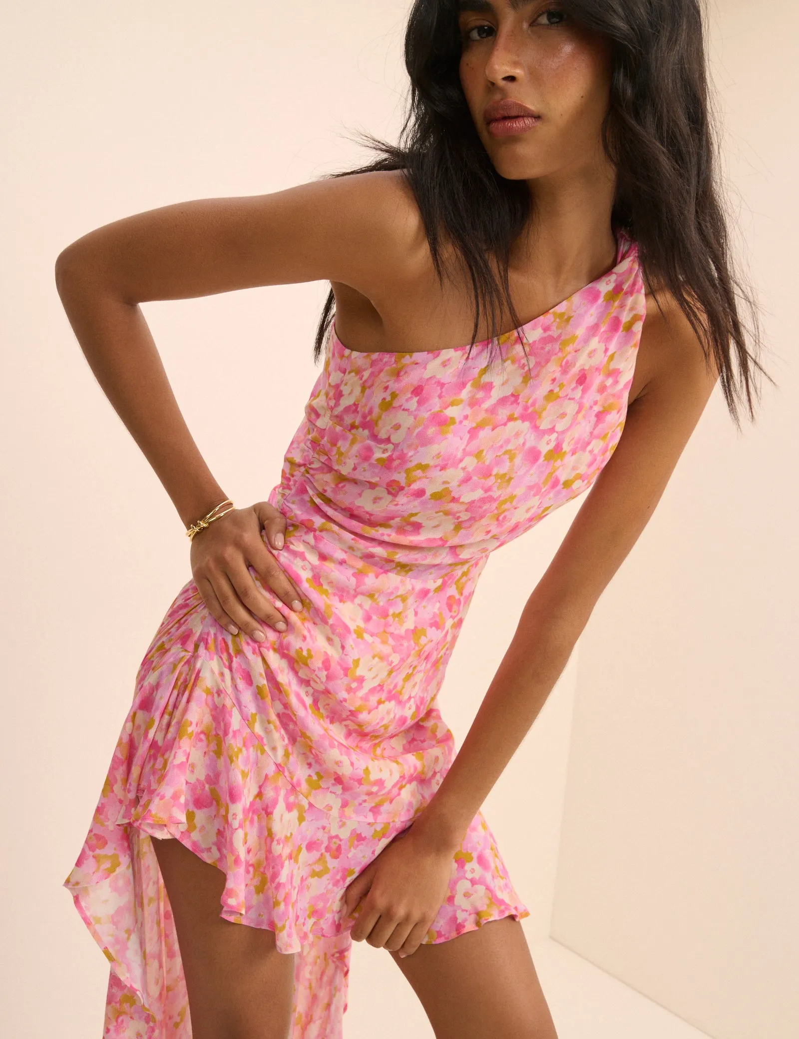 Pink Floral Ruched Edie High-Low Mini Dress sold by Nobody's Child product image thumbnail 3