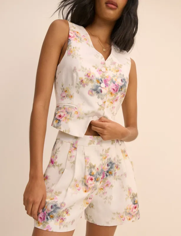 White Floral Linen-Blend Pleated Tailored Suki Shorts made by Nobody's Child