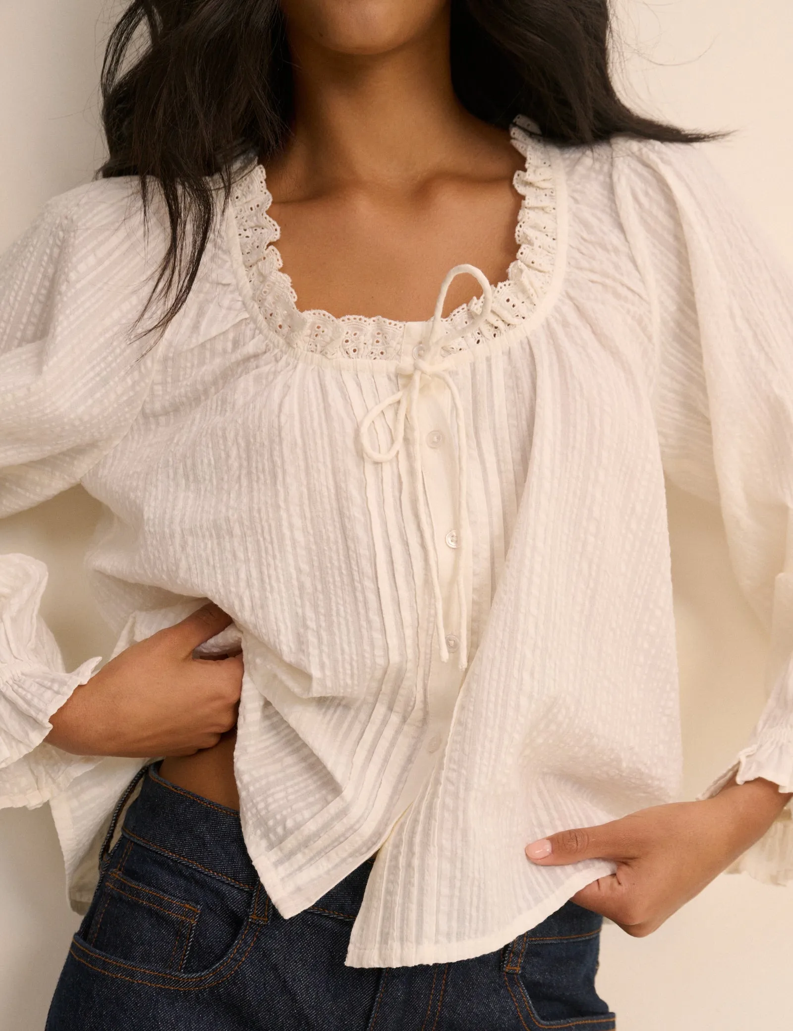 White Broderie Anglaise Trim Lumi Blouse sold by Nobody's Child product image thumbnail 2