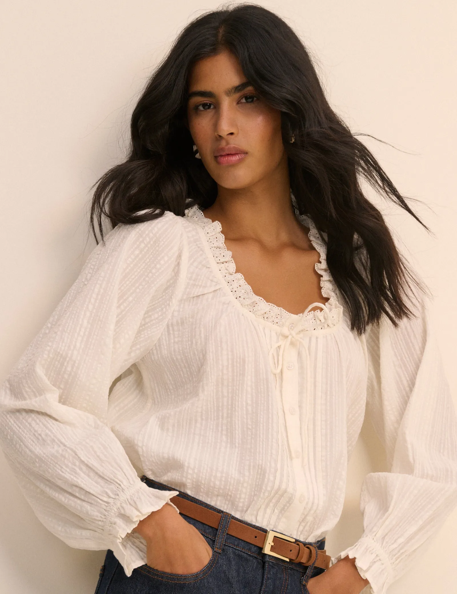 White Broderie Anglaise Trim Lumi Blouse sold by Nobody's Child