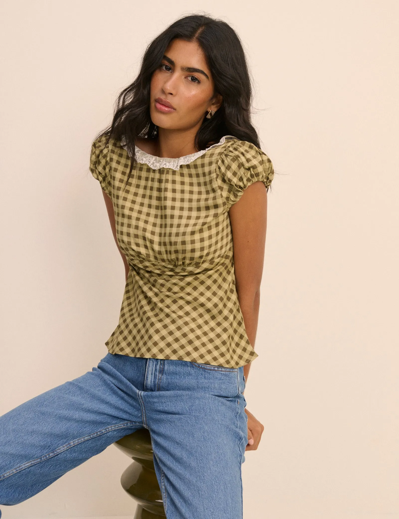 Green Gingham Puff Sleeve Dione Top sold by Nobody's Child product image thumbnail 2