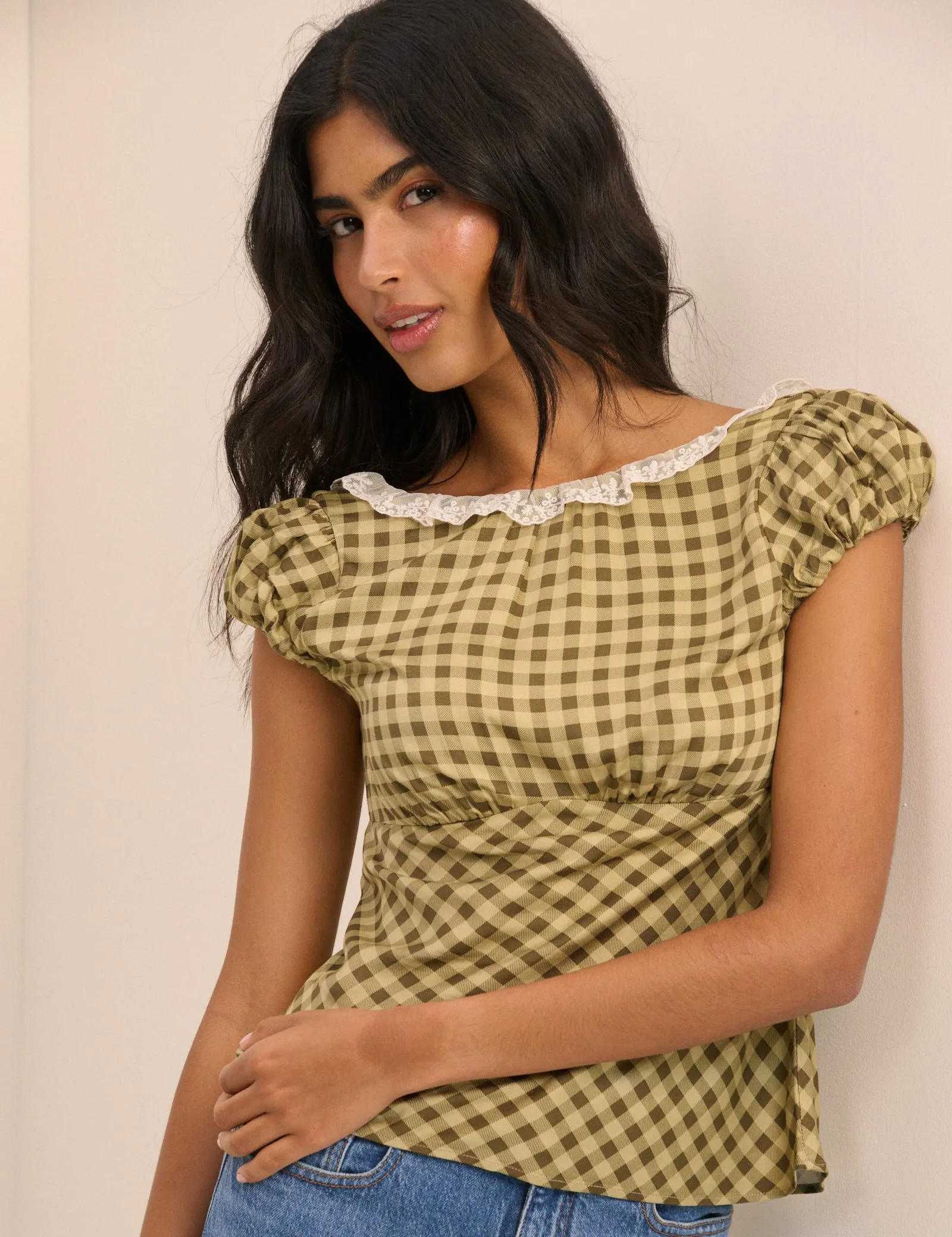 Green Gingham Puff Sleeve Dione Top sold by Nobody's Child product image thumbnail 4