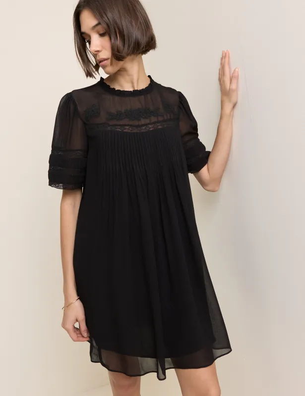 Black Pintuck Lace Trim Tally Mini Dress made by Nobody's Child