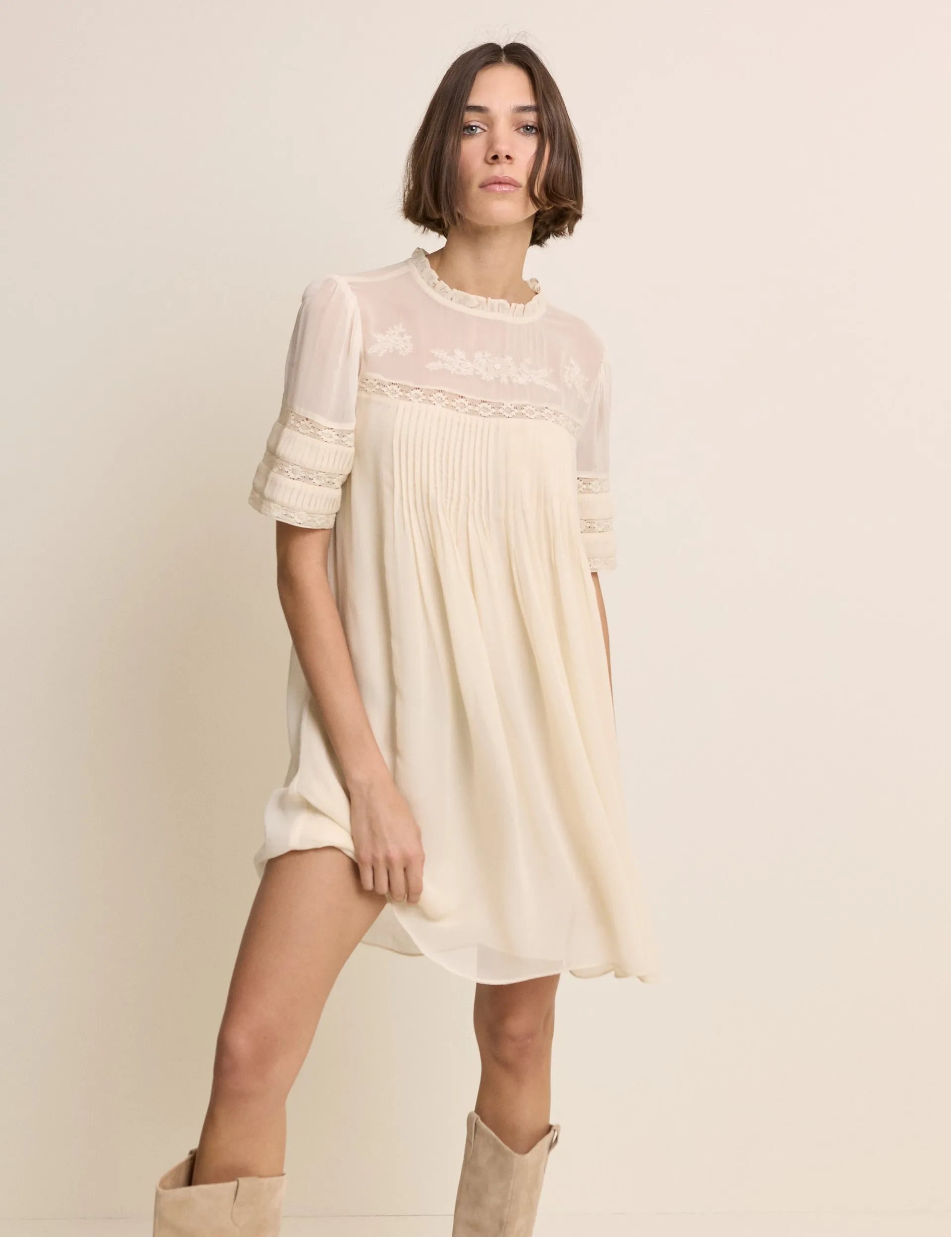 White Pintuck Lace Trim Tally Mini Dress sold by Nobody's Child