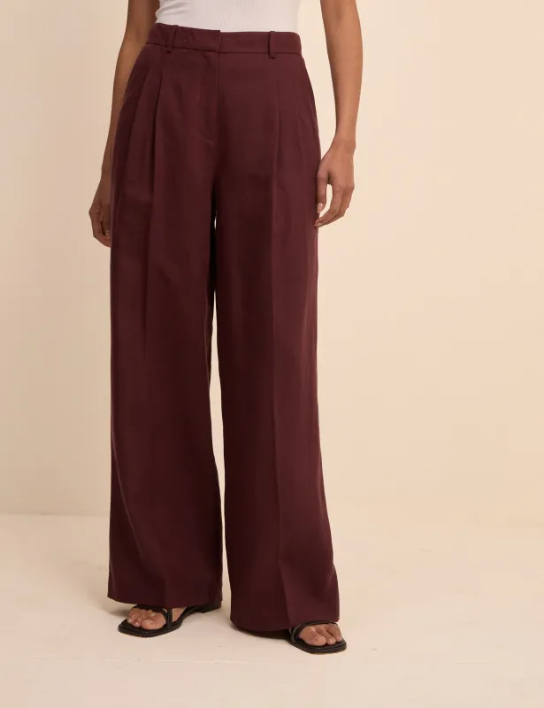 Burgundy Linen-Blend Jax Wide Leg Trousers made by Nobody's Child