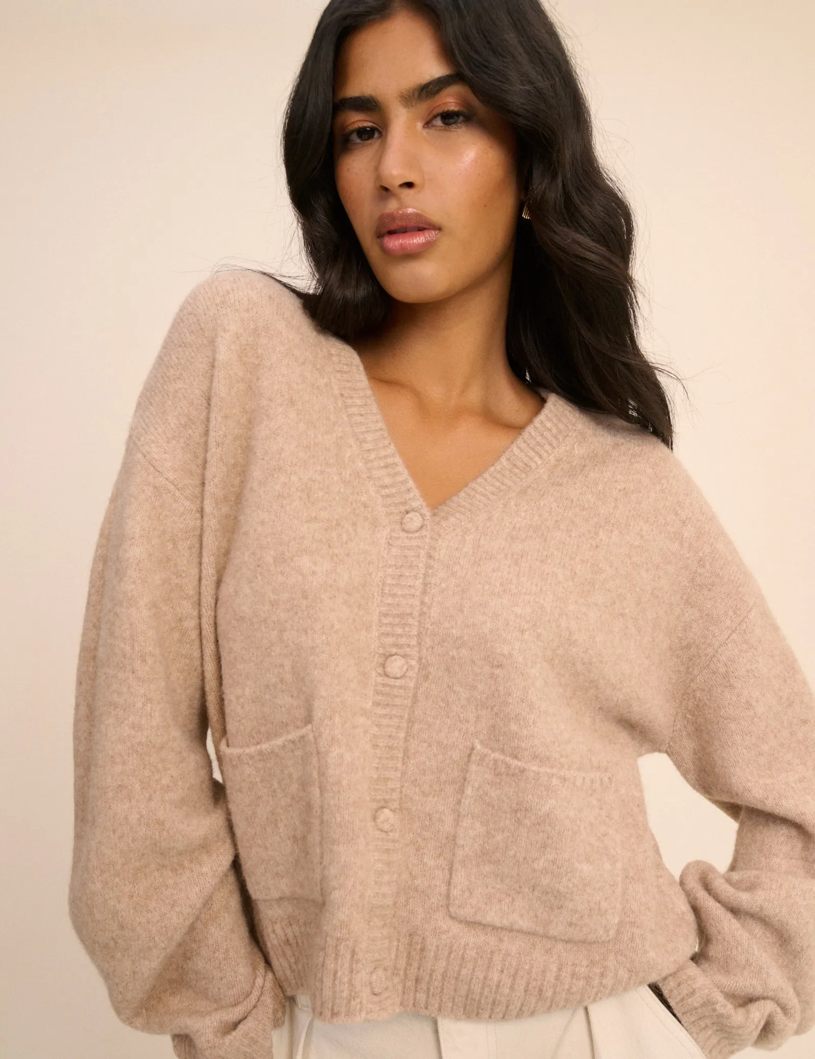 Beige V-Neck Pocket Cardigan sold by Nobody's Child