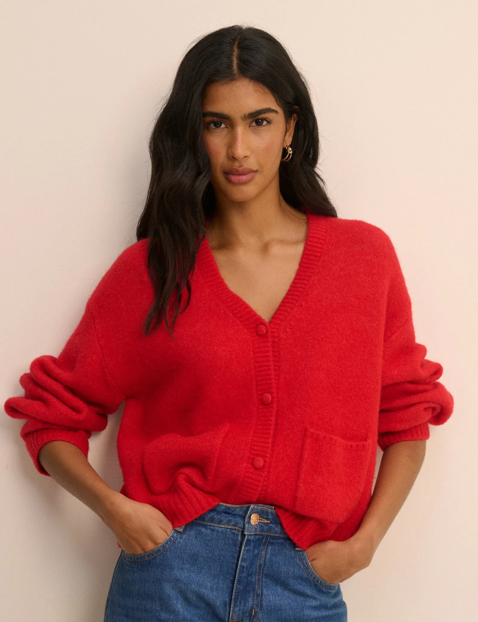 Red V-Neck Pocket Cardigan sold by Nobody's Child product image thumbnail 2