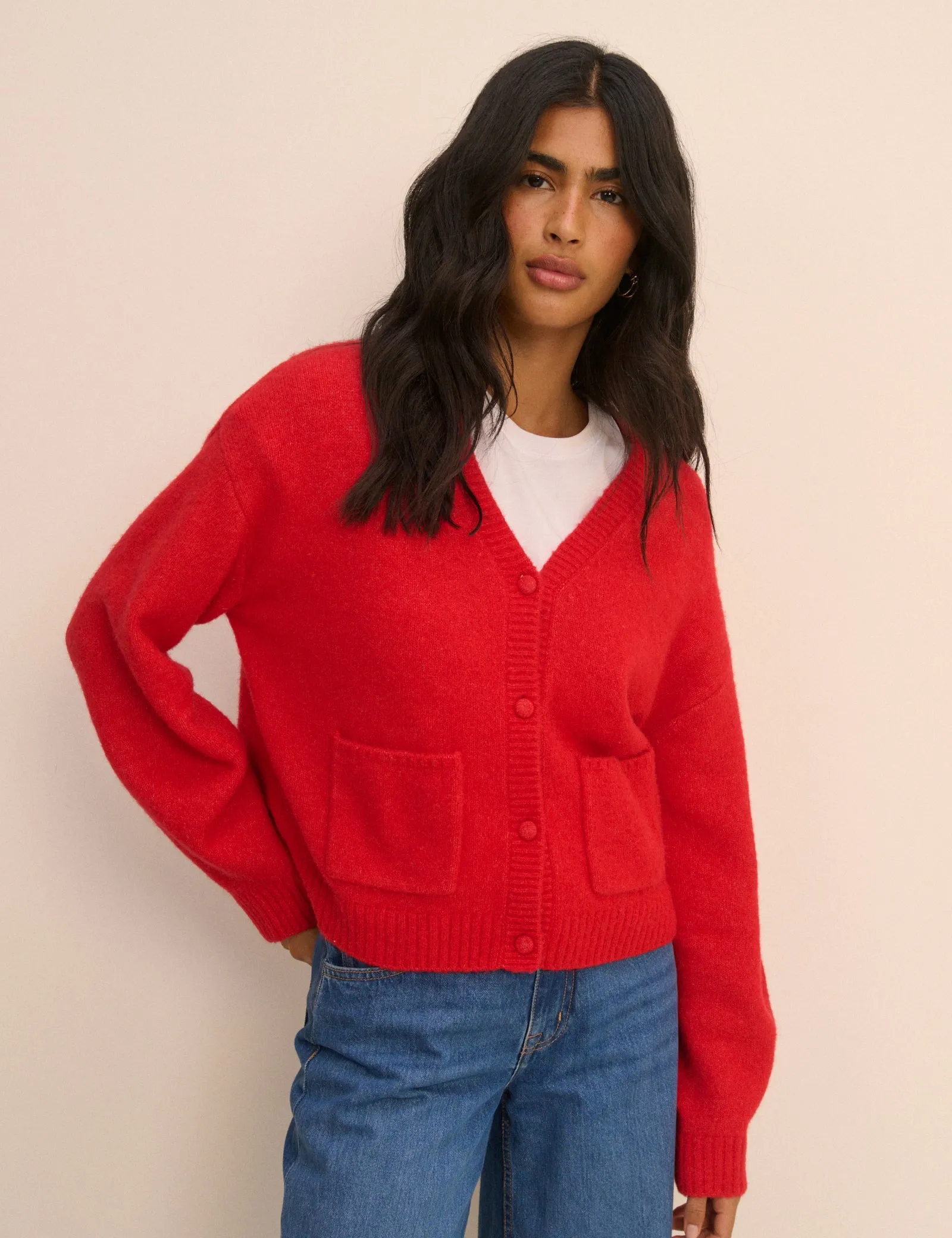 Red V-Neck Pocket Cardigan sold by Nobody's Child