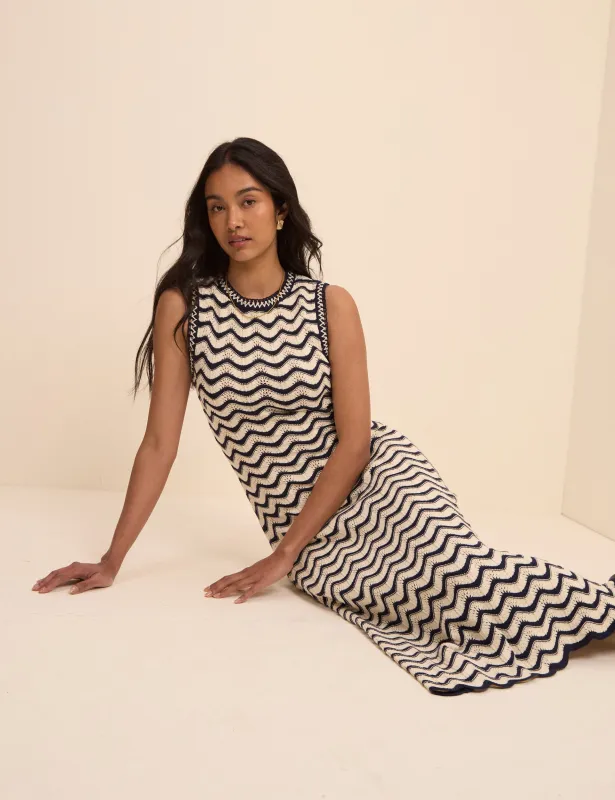 Navy and Cream Crochet Knitted Midi Dress made by Nobody's Child