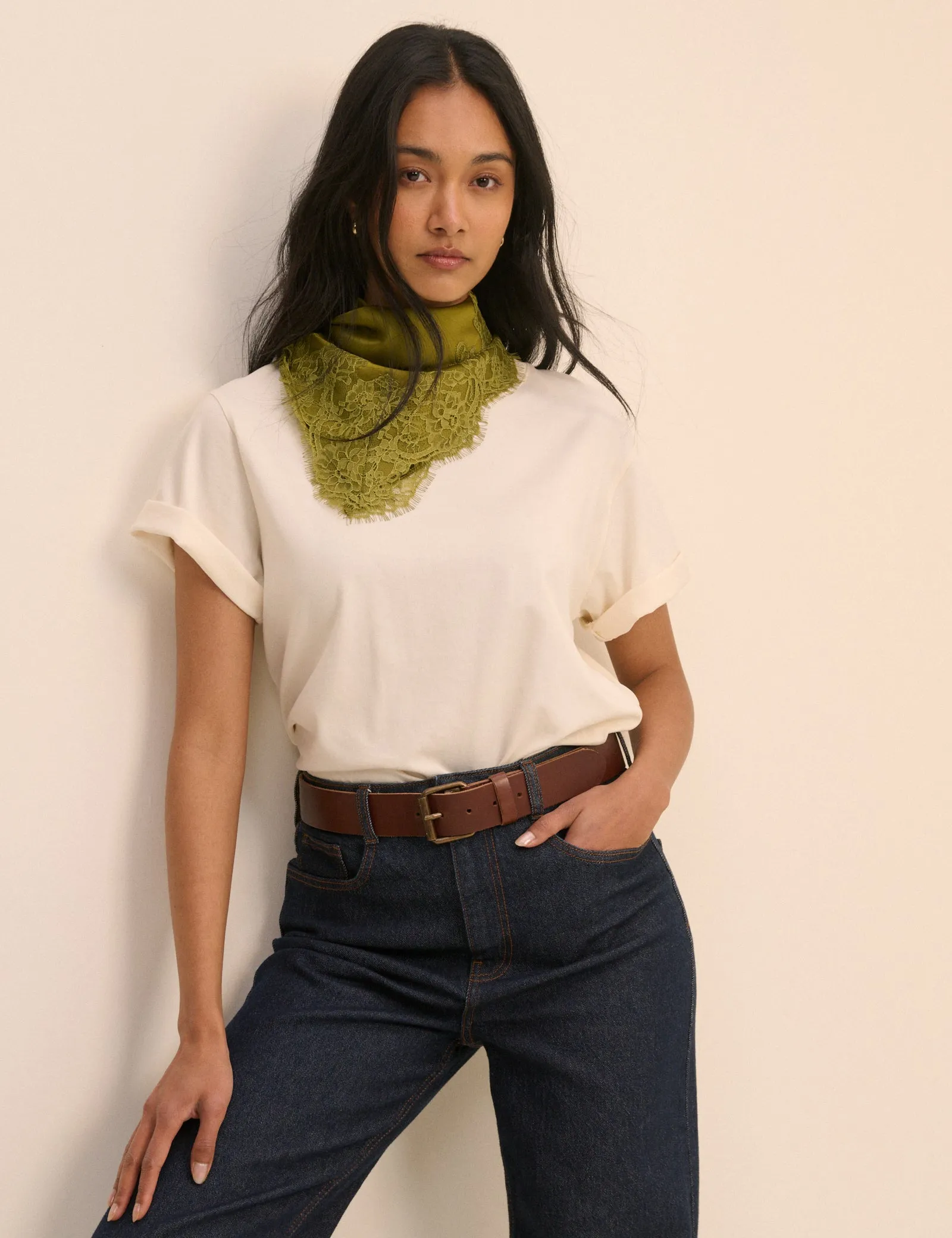 Olive Green Lace Trim Square Scarf sold by Nobody's Child product image thumbnail 5