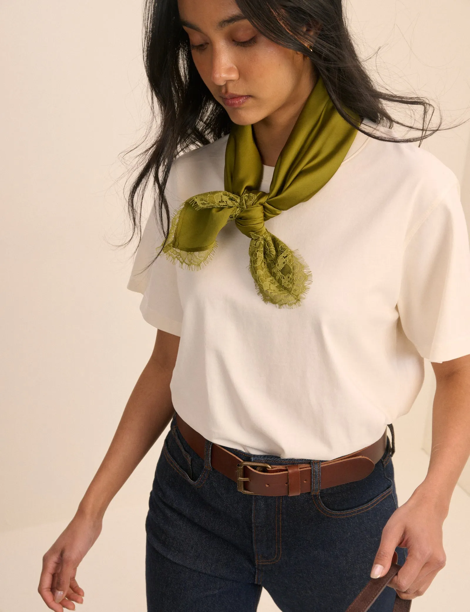 Olive Green Lace Trim Square Scarf sold by Nobody's Child product image thumbnail 2