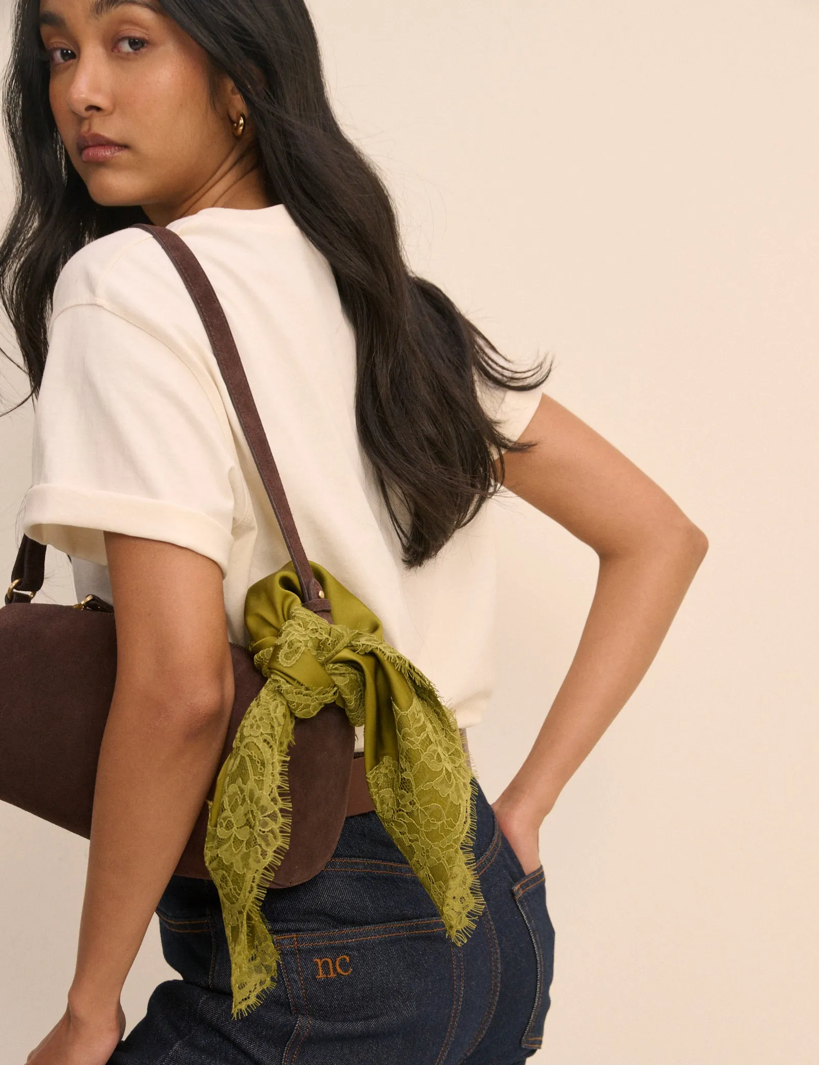 Olive Green Lace Trim Square Scarf sold by Nobody's Child product image thumbnail 3