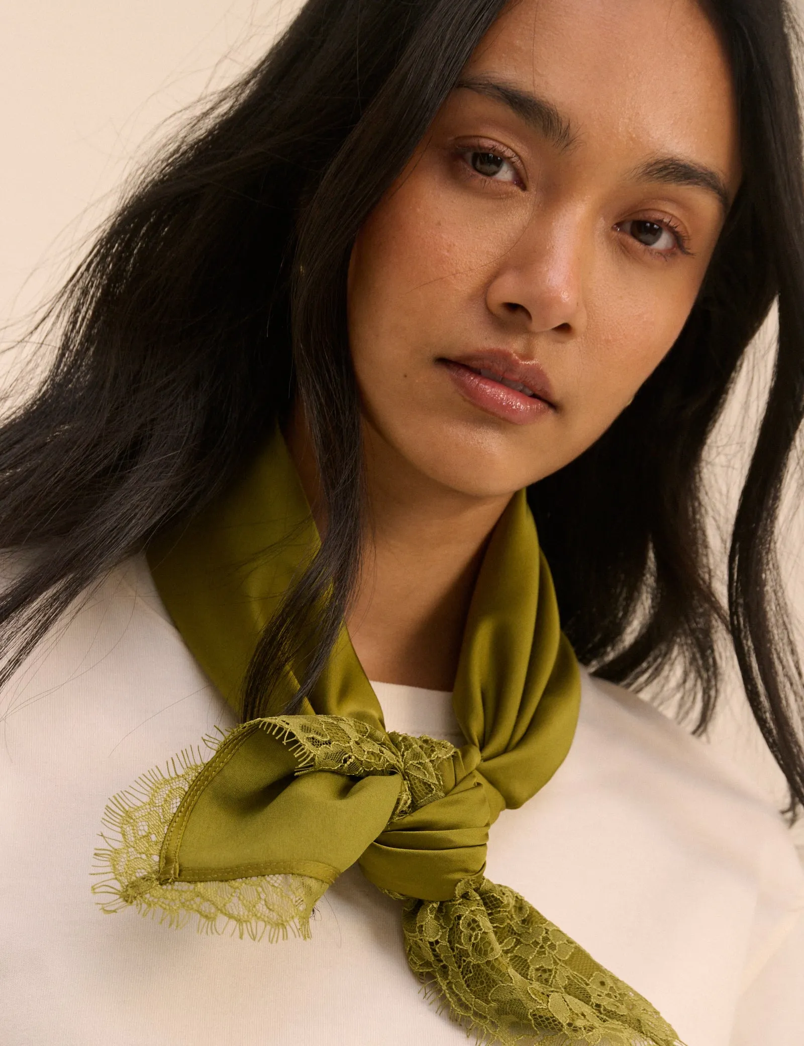 Olive Green Lace Trim Square Scarf sold by Nobody's Child product image thumbnail 4