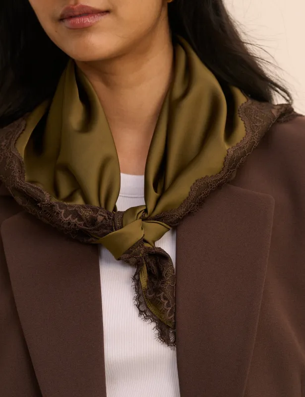 Khaki Green Lace Trim Square Scarf made by Nobody's Child