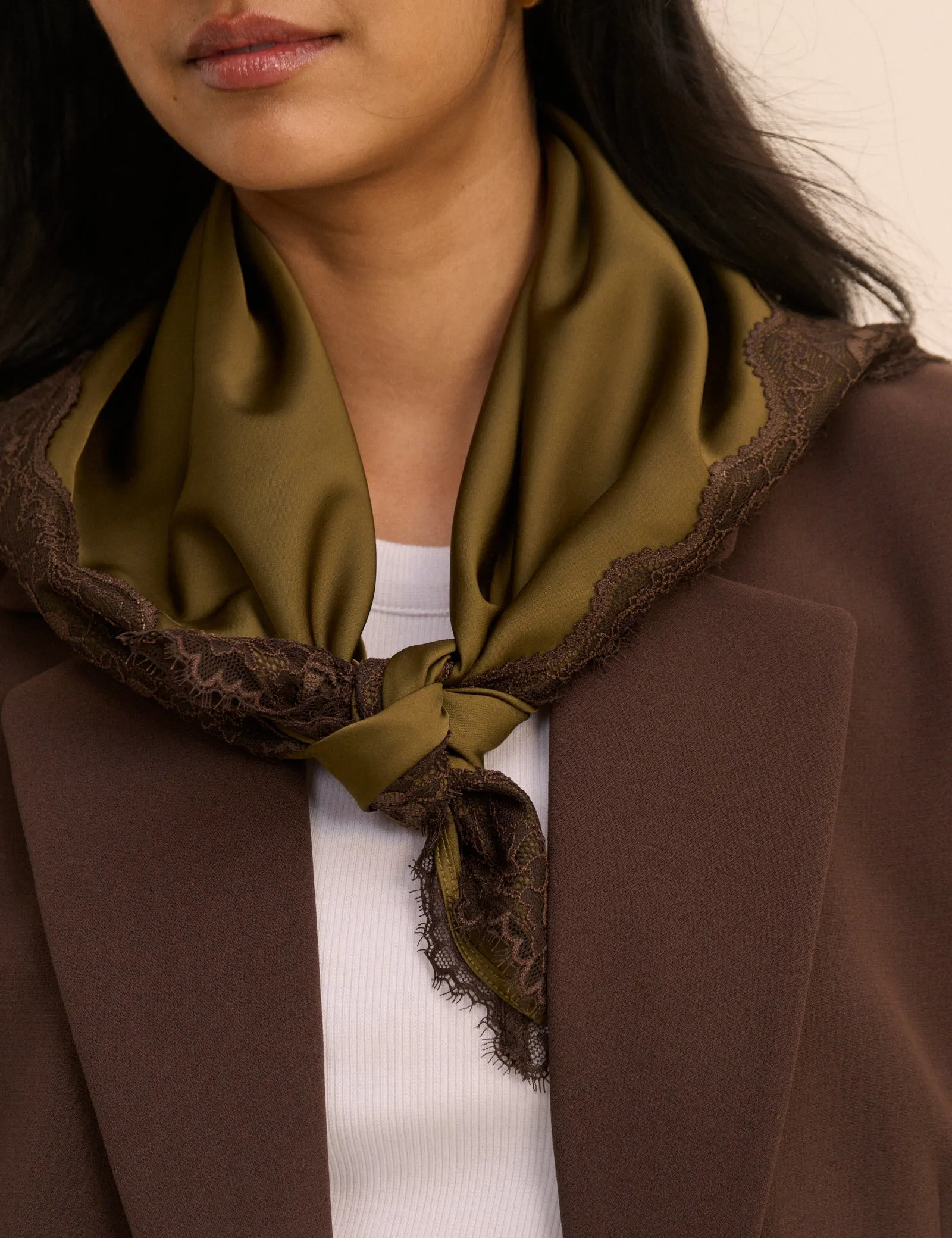 Khaki Green Lace Trim Square Scarf sold by Nobody's Child