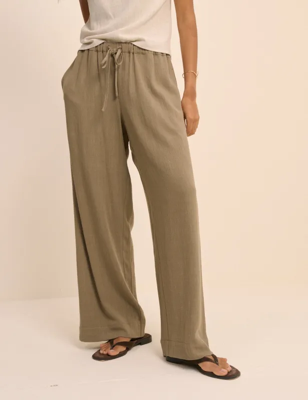 Khaki Linen-Blend Low Waisted Straight Leg Trousers made by Nobody's Child