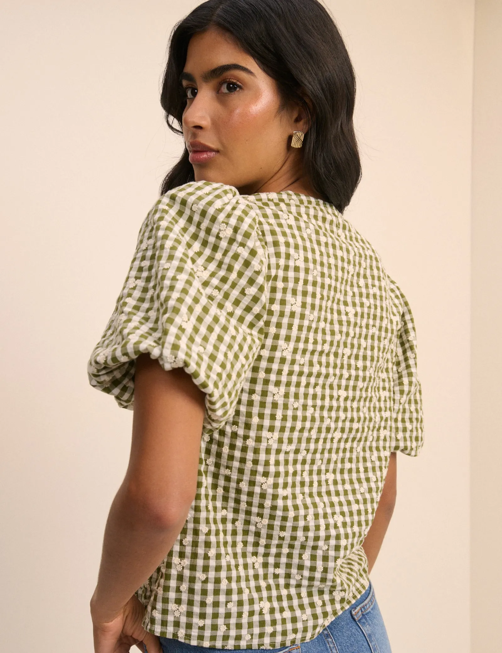Green Gingham Embroidered Puff Sleeve Top sold by Nobody's Child product image thumbnail 5