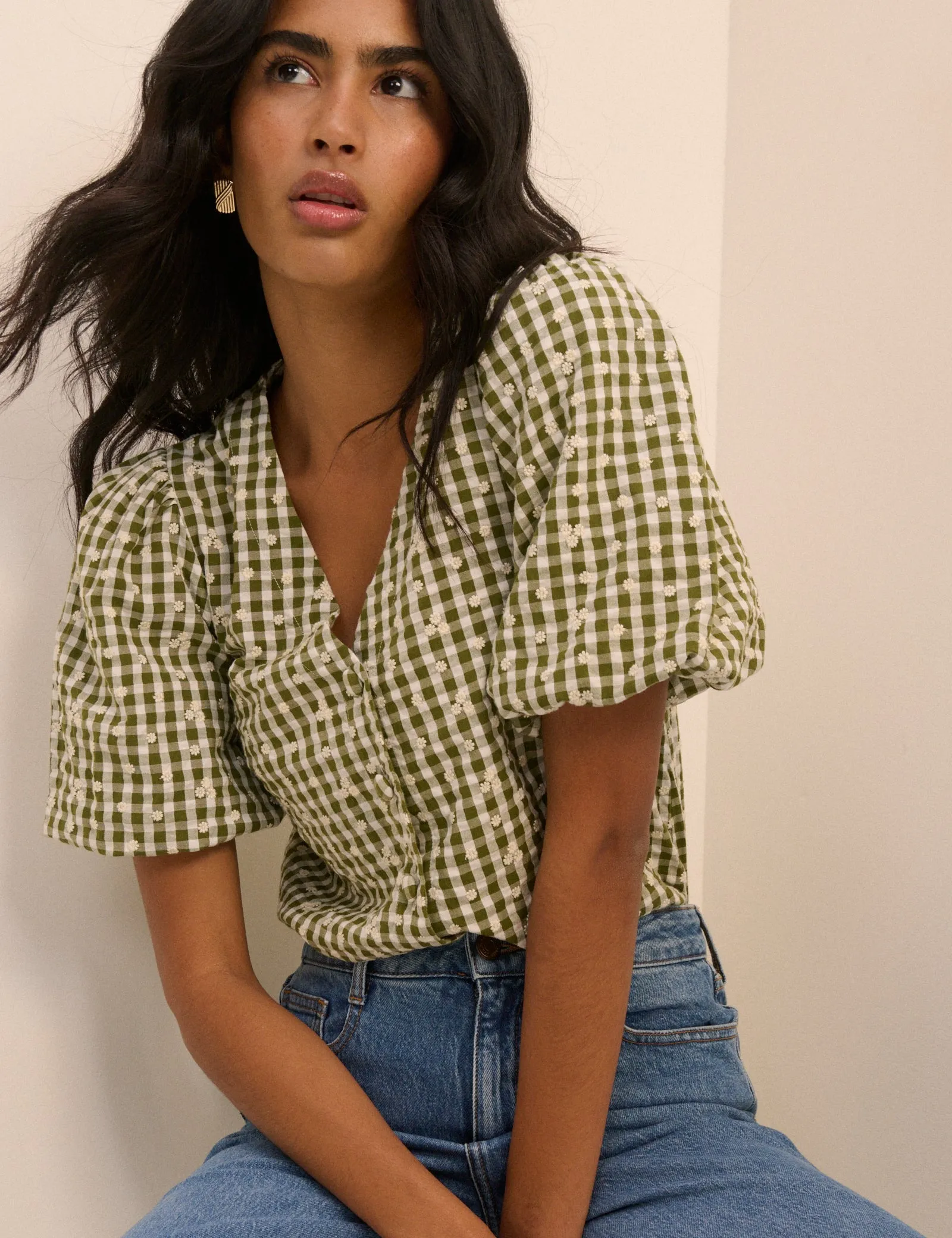 Green Gingham Embroidered Puff Sleeve Top sold by Nobody's Child product image thumbnail 4