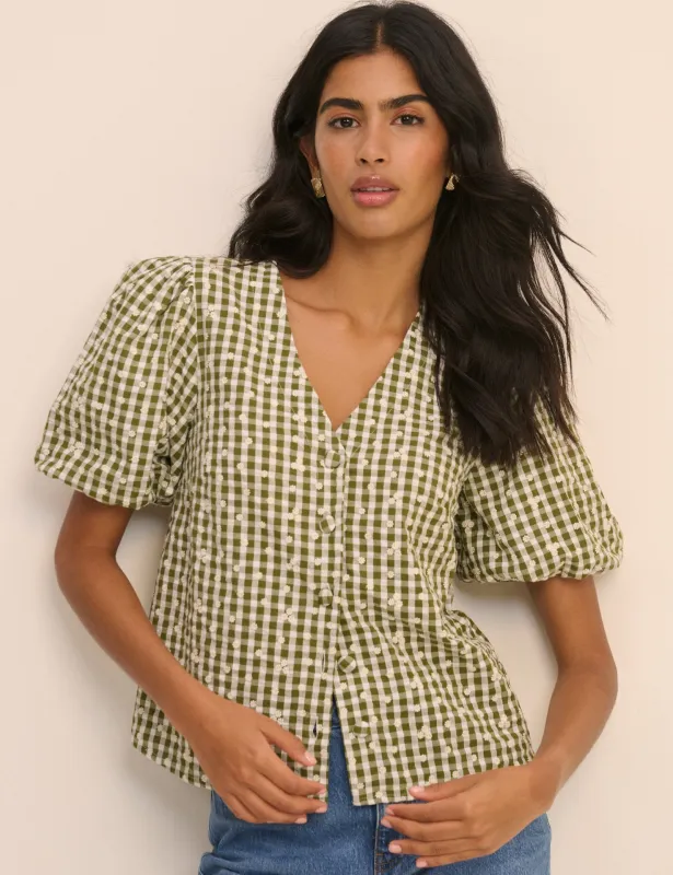 Green Gingham Embroidered Puff Sleeve Top made by Nobody's Child