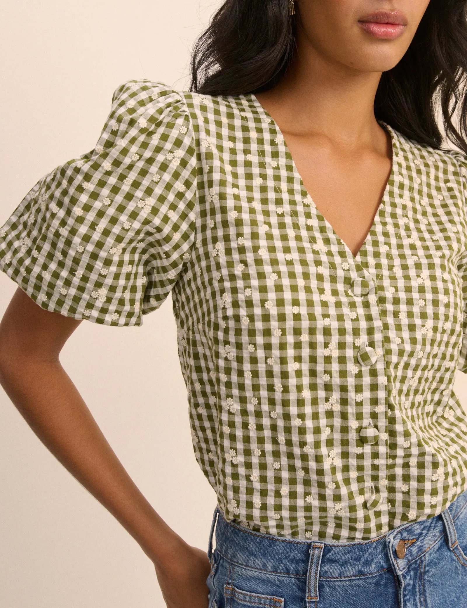 Green Gingham Embroidered Puff Sleeve Top sold by Nobody's Child product image thumbnail 2