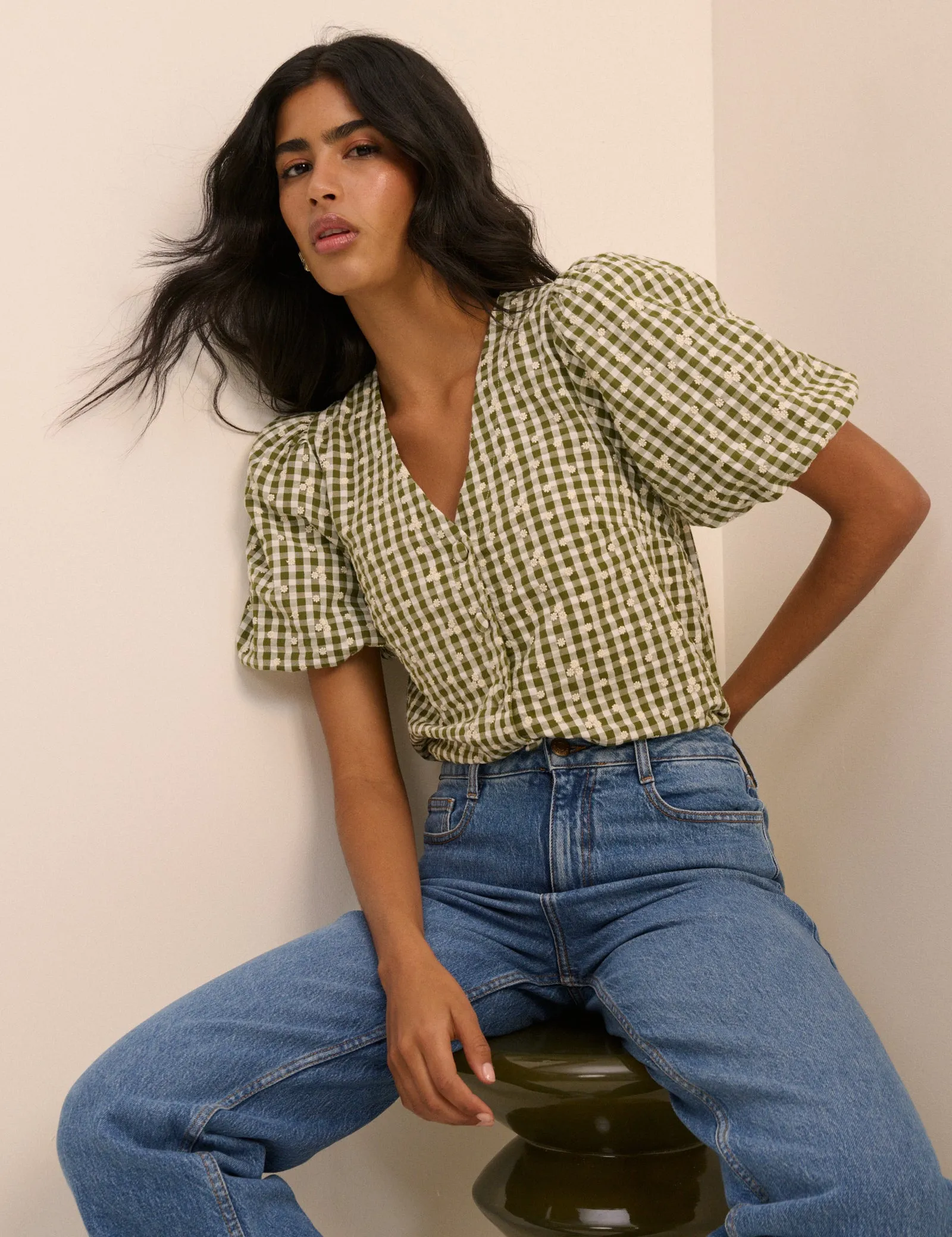 Green Gingham Embroidered Puff Sleeve Top sold by Nobody's Child product image thumbnail 3