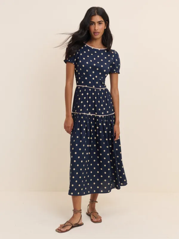Navy Polka Dot Tiered Dara Midi Dress made by Nobody's Child