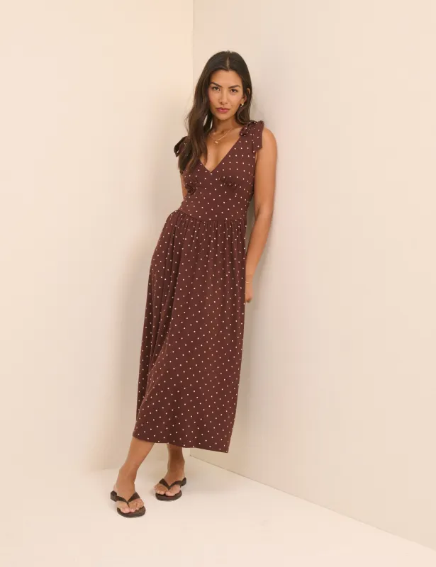 Brown Polka Dot Jersey Addison Midi Dress made by Nobody's Child